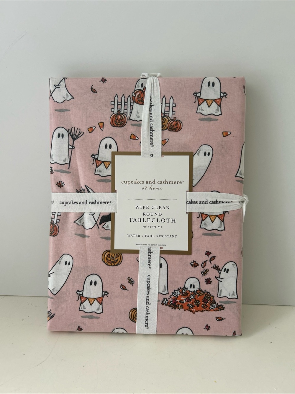 Cupcakes & Cashmere Halloween Pink Ghost Tablecloth Wipe Clean Round 70” NEW